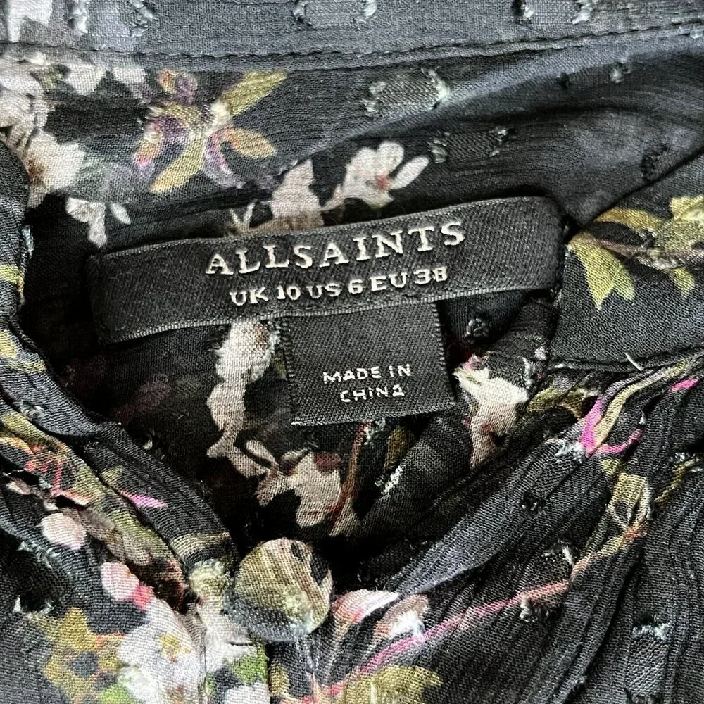 NWOT AllSaints women's Lara chiffon Shirt buttons closure Black Blouse Size 6 - Picture 9 of 14
